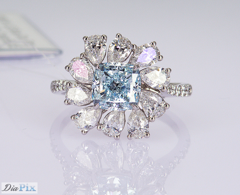 3.284ct Cushion Cut Sky Blue CVD Nhẫn kim cương tổng hợp Luxury 18K White Gold Set
